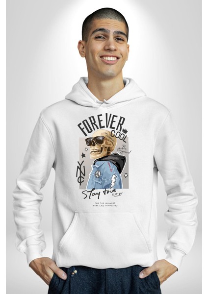Her Zaman Havalı Iskelet Adam Kadın Erkek Baskılı Üç Iplik Beyaz Kapüşonlu Hodie Sweatshirt fiyatları