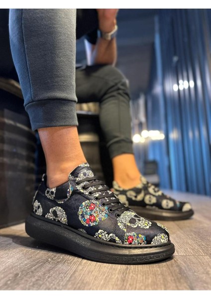 Yüksek Taban Renkli Baskılı Günlük Ayakkabı Siyah Kurukafa