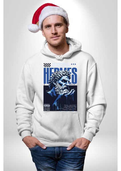 Yunan Tanrısı Efsane Kanatlı Kadın Erkek Baskılı Üç Iplik Beyaz Kapüşonlu Hodie Sweatshirt