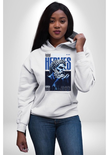Yunan Tanrısı Efsane Kanatlı Kadın Erkek Baskılı Üç Iplik Beyaz Kapüşonlu Hodie Sweatshirt indirimleri