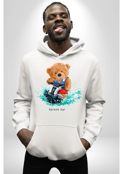 Jetski Süren Oyuncak Ayı Kadın Erkek Baskılı Üç Iplik Beyaz Kapüşonlu Hodie Sweatshirt indirimleri