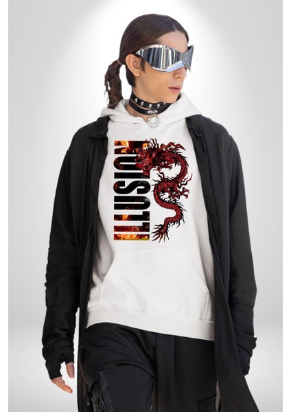 Ejderha Ilüzyon Yazısı Kadın Erkek Baskılı Üç Iplik Beyaz Kapüşonlu Hodie Sweatshirt
