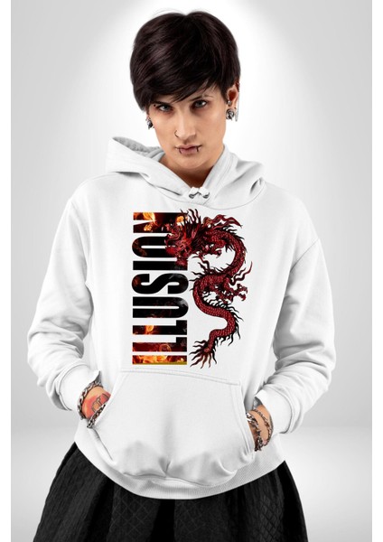 Ejderha Ilüzyon Yazısı Kadın Erkek Baskılı Üç Iplik Beyaz Kapüşonlu Hodie Sweatshirt fiyatları