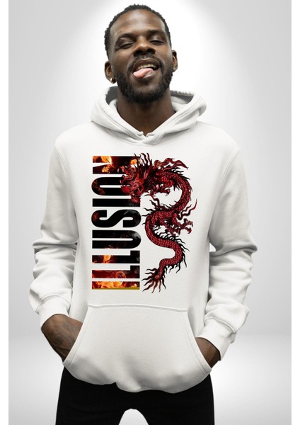 Ejderha Ilüzyon Yazısı Kadın Erkek Baskılı Üç Iplik Beyaz Kapüşonlu Hodie Sweatshirt modelleri