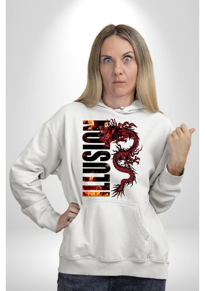 Ejderha Ilüzyon Yazısı Kadın Erkek Baskılı Üç Iplik Beyaz Kapüşonlu Hodie Sweatshirt fırsatları