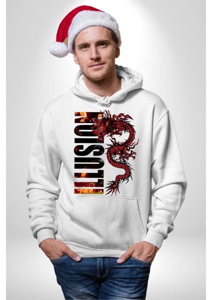Ejderha Ilüzyon Yazısı Kadın Erkek Baskılı Üç Iplik Beyaz Kapüşonlu Hodie Sweatshirt indirimleri