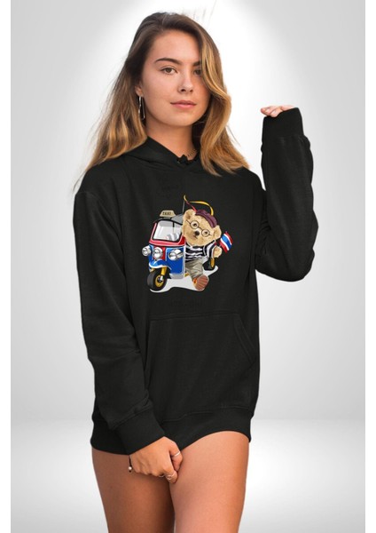 Taksici Oyuncak Ayı Fransız Kadın Erkek Baskılı Üç Iplik Siyah Kapüşonlu Hodie Sweatshirt