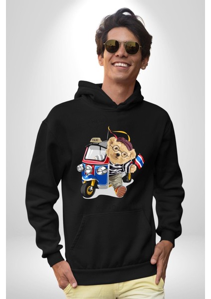 Taksici Oyuncak Ayı Fransız Kadın Erkek Baskılı Üç Iplik Siyah Kapüşonlu Hodie Sweatshirt fırsatları