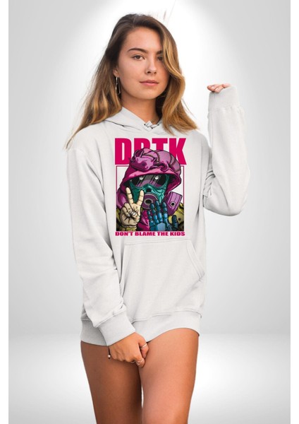 Çocukları Suçlama Maskeli Adam Kadın Erkek Baskılı Üç Iplik Beyaz Kapüşonlu Hodie Sweatshirt