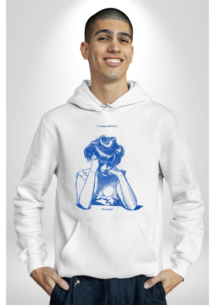Hayal Gücü Kara Kalem Kadın Erkek Baskılı Üç Iplik Beyaz Kapüşonlu Hodie Sweatshirt