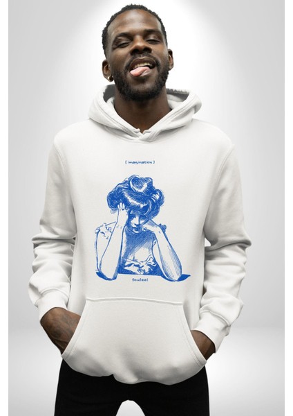 Hayal Gücü Kara Kalem Kadın Erkek Baskılı Üç Iplik Beyaz Kapüşonlu Hodie Sweatshirt indirimleri