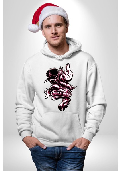 Vahşi Olanlar Sokak Tarzı Kadın Erkek Baskılı Üç Iplik Beyaz Kapüşonlu Hodie Sweatshirt