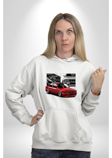 Efsanevi Japon Arabası Kadın Erkek Baskılı Üç Iplik Beyaz Kapüşonlu Hodie Sweatshirt