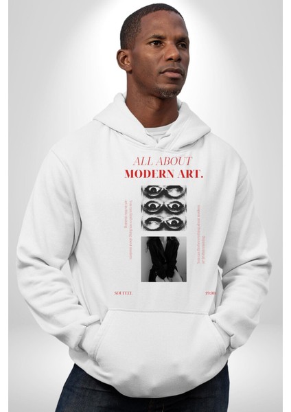 Modern Sanat Hakkında Her Şey Kadın Erkek Baskılı Üç Iplik Beyaz Kapüşonlu Hodie Sweatshirt