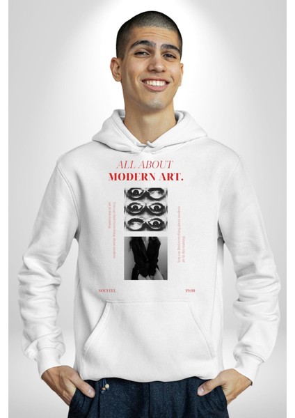 Modern Sanat Hakkında Her Şey Kadın Erkek Baskılı Üç Iplik Beyaz Kapüşonlu Hodie Sweatshirt fırsatları