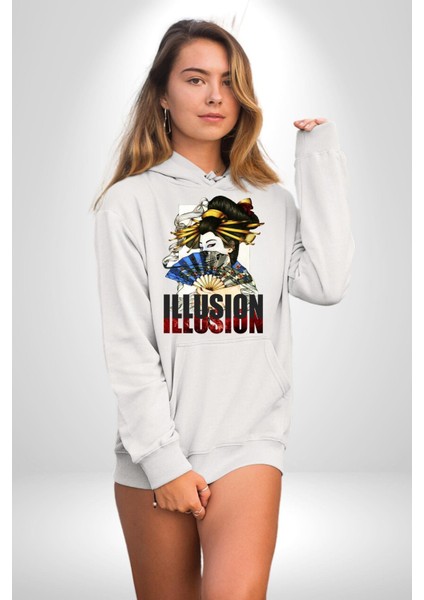 Ilüzyon Japon Yelpaze Kadın Kadın Erkek Baskılı Üç Iplik Beyaz Kapüşonlu Hodie Sweatshirt