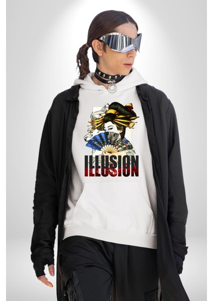 Ilüzyon Japon Yelpaze Kadın Kadın Erkek Baskılı Üç Iplik Beyaz Kapüşonlu Hodie Sweatshirt fiyatları