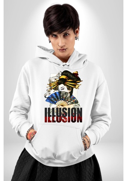 Ilüzyon Japon Yelpaze Kadın Kadın Erkek Baskılı Üç Iplik Beyaz Kapüşonlu Hodie Sweatshirt modelleri