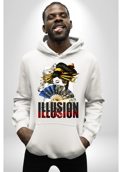 Ilüzyon Japon Yelpaze Kadın Kadın Erkek Baskılı Üç Iplik Beyaz Kapüşonlu Hodie Sweatshirt fırsatları