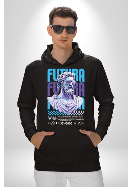 Gelecek Partici Poseidon Yunan Tanrısı Kadın Erkek Baskılı Üç Iplik Siyah Kapüşonlu Hodie Sweatshirt
