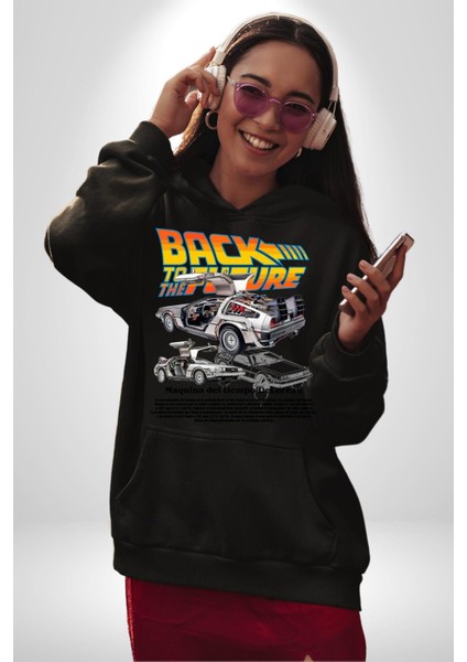 Geleceğe Dönüş Efsane Arabası Kadın Erkek Baskılı Üç Iplik Siyah Kapüşonlu Hodie Sweatshirt