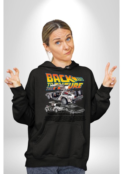 Geleceğe Dönüş Efsane Arabası Kadın Erkek Baskılı Üç Iplik Siyah Kapüşonlu Hodie Sweatshirt