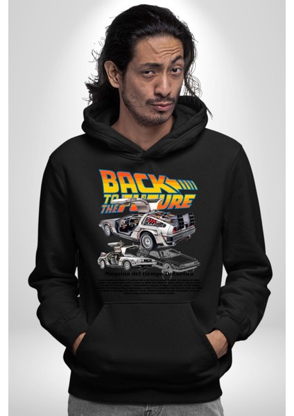 Geleceğe Dönüş Efsane Arabası Kadın Erkek Baskılı Üç Iplik Siyah Kapüşonlu Hodie Sweatshirt