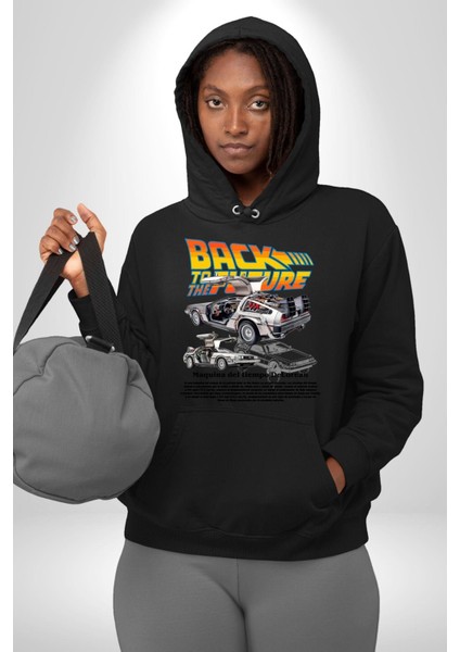 Geleceğe Dönüş Efsane Arabası Kadın Erkek Baskılı Üç Iplik Siyah Kapüşonlu Hodie Sweatshirt