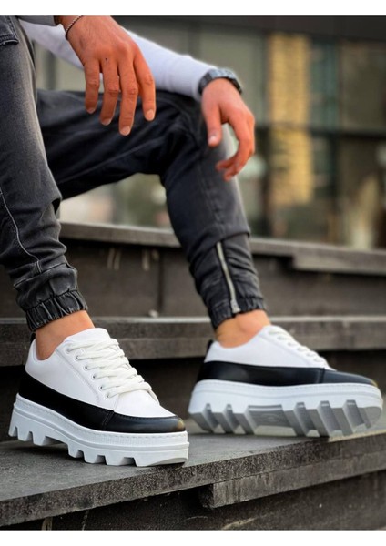 Erkek AYAKKABIKB-056 Kuback Beyaz Siyah Detaylı Beyaz Yüksek Taban Günlük Spor Ayakkabı