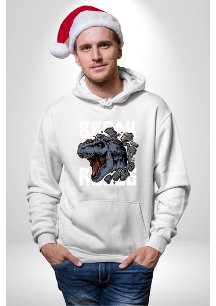 Dinozor Duvardan Çıkan Trex Eski Çağ Kadın Erkek Baskılı Üç Iplik Beyaz Kapüşonlu Hodie Sweatshirt