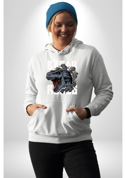 Dinozor Duvardan Çıkan Trex Eski Çağ Kadın Erkek Baskılı Üç Iplik Beyaz Kapüşonlu Hodie Sweatshirt fiyatları