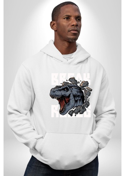 Dinozor Duvardan Çıkan Trex Eski Çağ Kadın Erkek Baskılı Üç Iplik Beyaz Kapüşonlu Hodie Sweatshirt modelleri