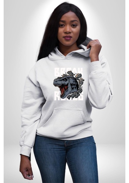 Dinozor Duvardan Çıkan Trex Eski Çağ Kadın Erkek Baskılı Üç Iplik Beyaz Kapüşonlu Hodie Sweatshirt indirimleri