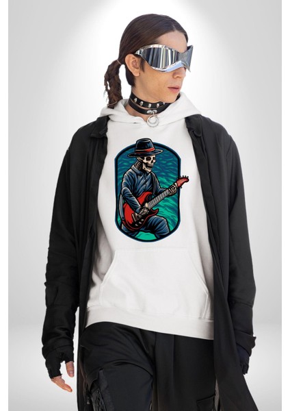 Gitarist Kurukafa Şapkalı Havalı Kadın Erkek Baskılı Üç Iplik Beyaz Kapüşonlu Hodie Sweatshirt
