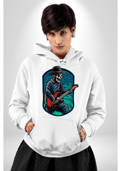 Gitarist Kurukafa Şapkalı Havalı Kadın Erkek Baskılı Üç Iplik Beyaz Kapüşonlu Hodie Sweatshirt fiyatları