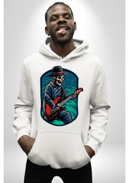 Gitarist Kurukafa Şapkalı Havalı Kadın Erkek Baskılı Üç Iplik Beyaz Kapüşonlu Hodie Sweatshirt modelleri