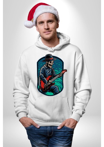 Gitarist Kurukafa Şapkalı Havalı Kadın Erkek Baskılı Üç Iplik Beyaz Kapüşonlu Hodie Sweatshirt indirimleri