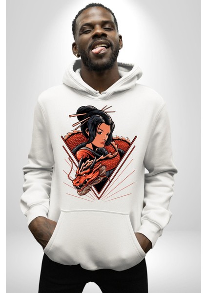 Ejderha Japon Kadın Samuray Savaşçı Kadın Erkek Baskılı Üç Iplik Beyaz Kapüşonlu Hodie Sweatshirt