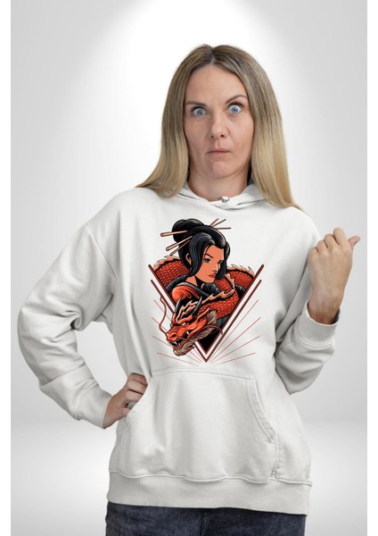 Ejderha Japon Kadın Samuray Savaşçı Kadın Erkek Baskılı Üç Iplik Beyaz Kapüşonlu Hodie Sweatshirt