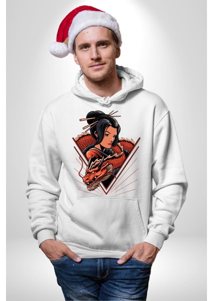 Ejderha Japon Kadın Samuray Savaşçı Kadın Erkek Baskılı Üç Iplik Beyaz Kapüşonlu Hodie Sweatshirt