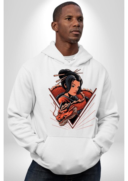 Ejderha Japon Kadın Samuray Savaşçı Kadın Erkek Baskılı Üç Iplik Beyaz Kapüşonlu Hodie Sweatshirt