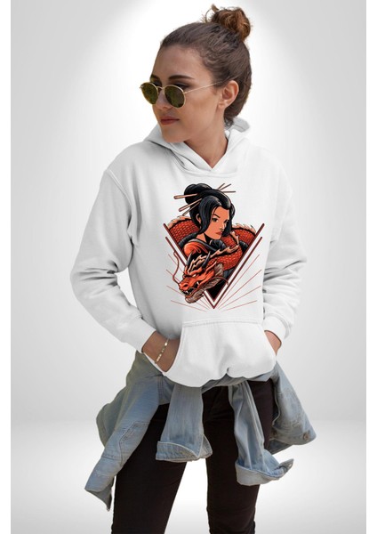Ejderha Japon Kadın Samuray Savaşçı Kadın Erkek Baskılı Üç Iplik Beyaz Kapüşonlu Hodie Sweatshirt