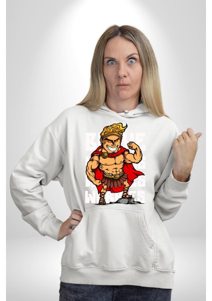 This Is Sparta Spartalı Asker Kaslı Kadın Erkek Baskılı Üç Iplik Beyaz Kapüşonlu Hodie Sweatshirt