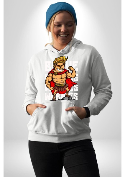 This Is Sparta Spartalı Asker Kaslı Kadın Erkek Baskılı Üç Iplik Beyaz Kapüşonlu Hodie Sweatshirt modelleri