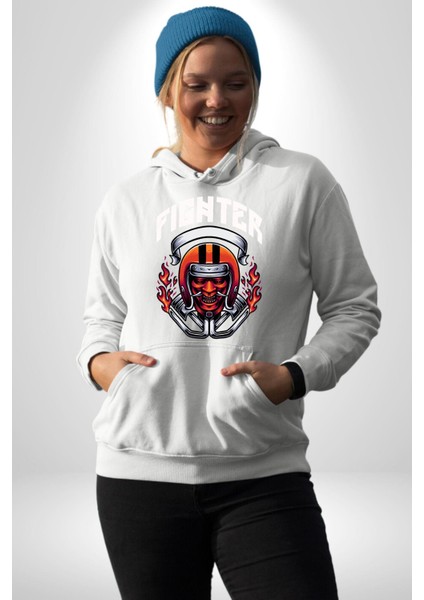 Dövüşçü Kurukafa Pilot Kasklı Kadın Erkek Baskılı Üç Iplik Beyaz Kapüşonlu Hodie Sweatshirt