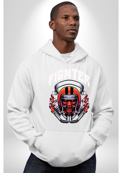Dövüşçü Kurukafa Pilot Kasklı Kadın Erkek Baskılı Üç Iplik Beyaz Kapüşonlu Hodie Sweatshirt fiyatları