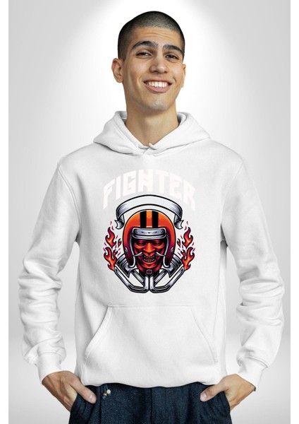 Dövüşçü Kurukafa Pilot Kasklı Kadın Erkek Baskılı Üç Iplik Beyaz Kapüşonlu Hodie Sweatshirt indirimleri