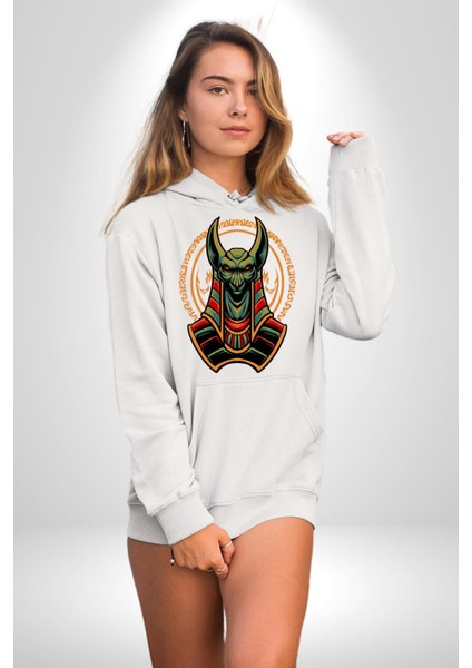 Mısır Anubis Köpek Kral Eski Motif Kadın Erkek Baskılı Üç Iplik Beyaz Kapüşonlu Hodie Sweatshirt indirimleri