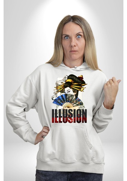 Ilüzyon Japon Yelpaze Kadın Kadın Erkek Baskılı Üç Iplik Beyaz Kapüşonlu Hodie Sweatshirt indirimleri