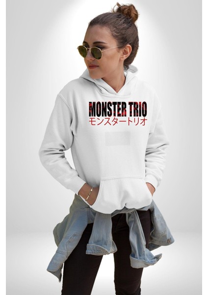 Canavar Üçlü Japon Anime One Piece Kadın Erkek Baskılı Üç Iplik Beyaz Kapüşonlu Hodie Sweatshirt